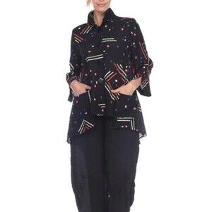 Moonlight Womens XL Blouse Bell Sleeve Ruffle Collar Jacket Black Geometric